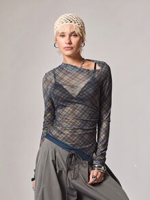 COUREZ Asymmetric Neck Top In Check / Y2K Going Out Tops Fall CLothes For Women Autumn Outfits Women Winter Tops Plaid - Multicolor - View 2