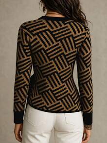 SHEIN Women's Minimalist All-Match Fashion Versatile Geometric Floral Lace-Up Sweater - Brown - View 3