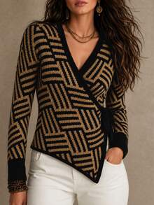 SHEIN Women's Minimalist All-Match Fashion Versatile Geometric Floral Lace-Up Sweater - Brown - View 7