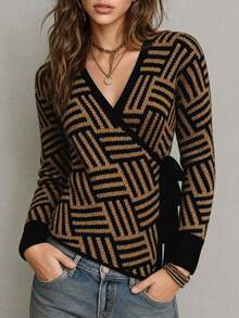 SHEIN Women's Minimalist All-Match Fashion Versatile Geometric Floral Lace-Up Sweater - Brown - View 6
