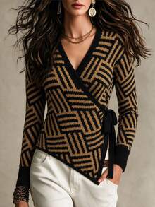 SHEIN Women's Minimalist All-Match Fashion Versatile Geometric Floral Lace-Up Sweater - Brown - View 4