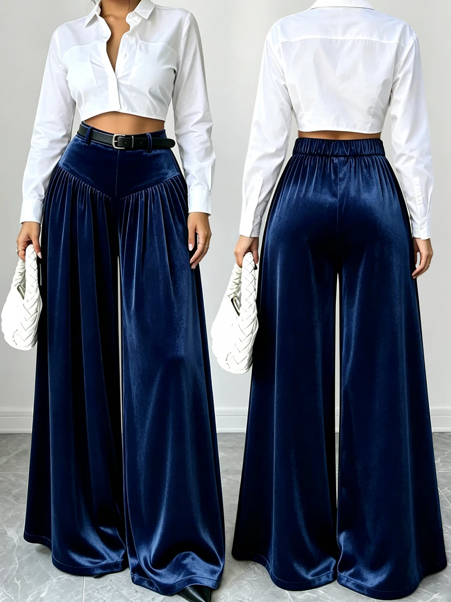 Elenzga French Style Hanging And Wide Leg Pants With Slimming Texture And Elegant Commuting Casual Women's Pants
- Navy Blue - View 1