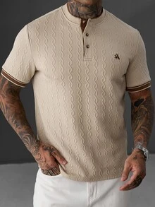 Manfinity CasualCool 男士時尚休閒短袖 Polo 衫，男士針織提花上衣，圖案短袖 Polo 衫，復古風格，日常休閒，正式 - 卡其色 - 查看 4