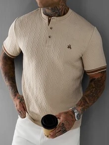 Manfinity CasualCool 男士時尚休閒短袖 Polo 衫，男士針織提花上衣，圖案短袖 Polo 衫，復古風格，日常休閒，正式 - 卡其色 - 查看 7
