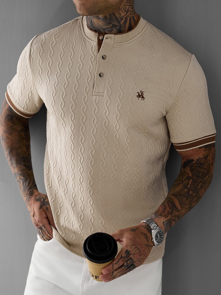 Manfinity CasualCool Men's Fashion Casual Short Sleeve Polo Shirt, Men's Knitted Jacquard Top, Patterned Short Sleeve Polo Shirt, Vintage Style, Everyday Casual - Khaki - View 7