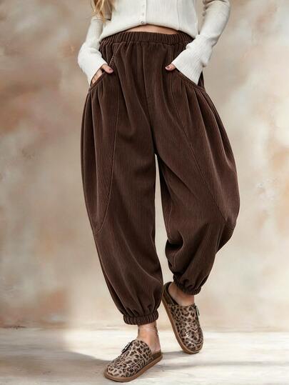 SHEIN American Retro Brown Corduroy Curved Leg Wide Leg Pants, Curved Large Pockets High Waist Loose Slimming Casual Long Pants For Women
