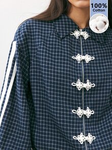 Maija Women's Plaid Side Stripe Button Front Casual Regular Fit Jacket,Going Out Outfits, Sport Outfits For Women,Fall Clothes - Navy Blue - View 5