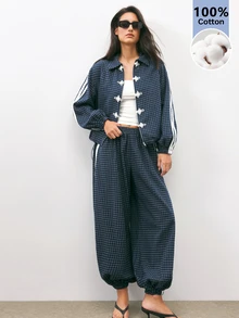 Maija Women's Plaid Side Stripe Button Front Casual Regular Fit Jacket,Going Out Outfits, Sport Outfits For Women,Fall Clothes - Navy Blue - View 6