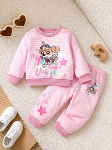 SHEIN | PAW Patrol 女嬰圓領條紋卡通圖案長袖衛衣與長褲套裝，適合日常穿著，秋冬季 - 彩色 - 查看 3