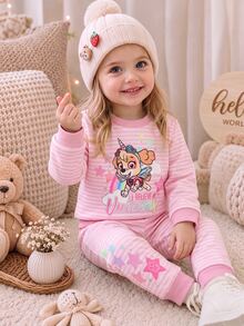 SHEIN | PAW Patrol 女嬰圓領條紋卡通圖案長袖衛衣與長褲套裝，適合日常穿著，秋冬季 - 彩色 - 查看 8