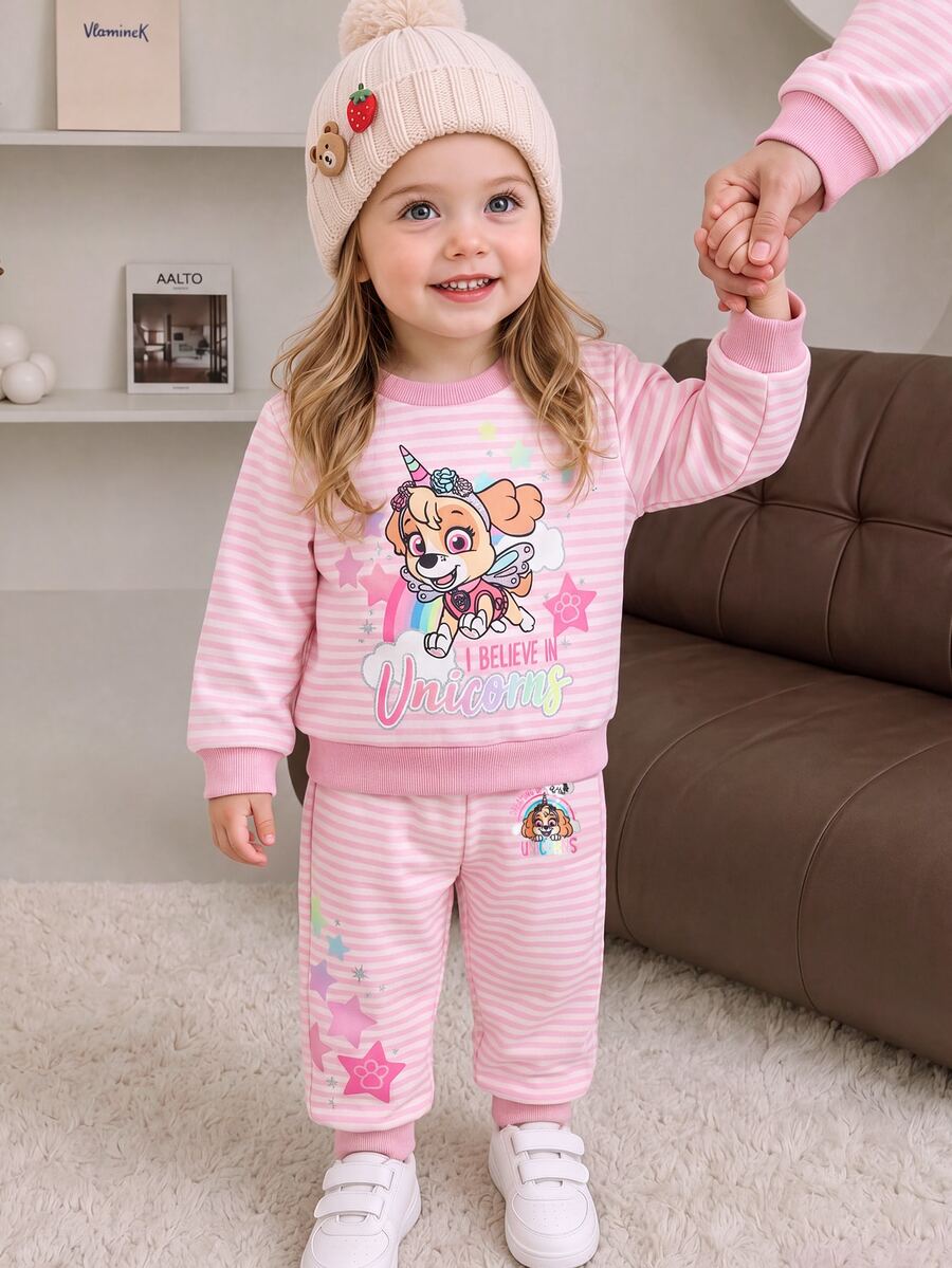 SHEIN | PAW Patrol 女嬰圓領條紋卡通圖案長袖衛衣與長褲套裝，適合日常穿著，秋冬季 - 彩色 - 查看 1