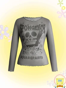 SpongeBob SquarePants | ROMWE Plus Size Women's Letter Cartoon Print Casual Daily Long Sleeve Top - Black - View 1