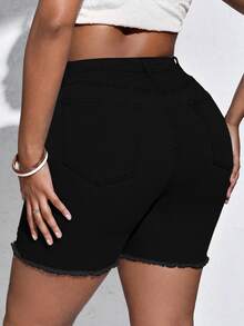 SHEIN CURVE+ Plus Size Women Elastic Black Denim Biker Jeans With Rips, Fashion Autumn For Women - Black - View 2