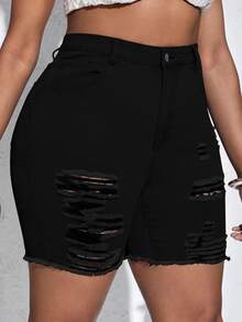 SHEIN CURVE+ Plus Size Women Elastic Black Denim Biker Jeans With Rips, Fashion Autumn For Women - Black - View 5