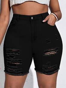 SHEIN CURVE+ Plus Size Women Elastic Black Denim Biker Jeans With Rips, Fashion Autumn For Women - Black - View 3