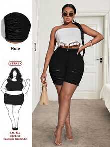 SHEIN CURVE+ Plus Size Women Elastic Black Denim Biker Jeans With Rips, Fashion Autumn For Women - Black - View 1