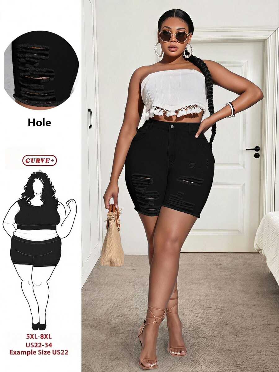 SHEIN CURVE+ Plus Size Women Elastic Black Denim Biker Jeans With Rips, Fashion Autumn For Women - Black - View 1