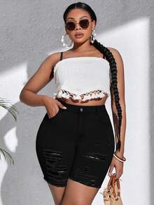 SHEIN CURVE+ Plus Size Women Elastic Black Denim Biker Jeans With Rips, Fashion Autumn For Women - Black - View 7