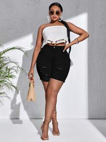 SHEIN CURVE+ Plus Size Women Elastic Black Denim Biker Jeans With Rips, Fashion Autumn For Women - Black - View 6