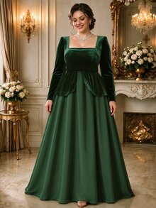 Rometta Plus Size Women's Fashion Elegant Velvet Waist-Cinching Patchwork 2 In 1 Long Sleeve Dress - Dark Green - View 1