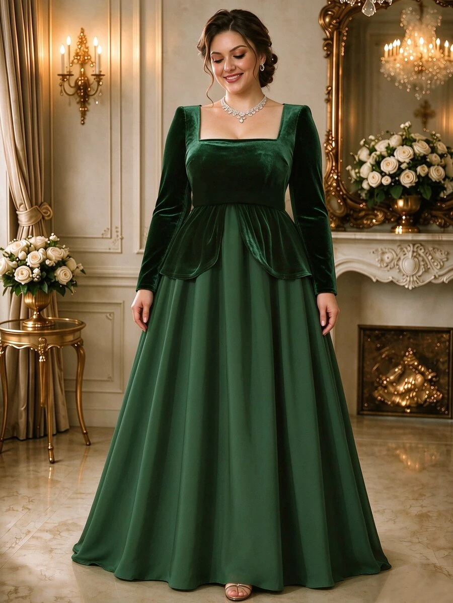 Rometta Plus Size Women's Fashion Elegant Velvet Waist-Cinching Patchwork 2 In 1 Long Sleeve Dress - Dark Green - View 1