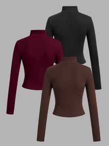 Tseoso Women's Solid Zip-Front Long-Sleeve Casual T-Shirt (3-Pack) - Multicolor - View 2