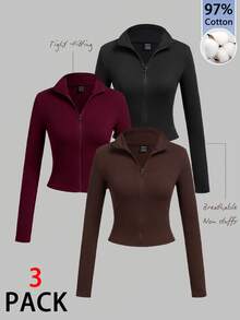 Tseoso Women's Solid Zip-Front Long-Sleeve Casual T-Shirt (3-Pack) - Multicolor - View 1