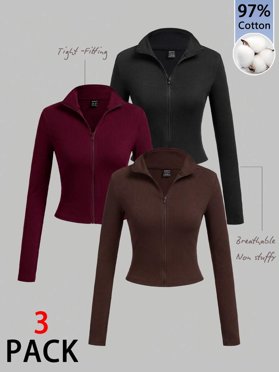 Tseoso Women's Solid Zip-Front Long-Sleeve Casual T-Shirt (3-Pack) - Multicolor - View 1