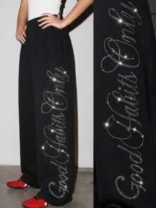 SHEIN Teen Girl Letter Rhinestone Casual Daily Wear Sweatpants - Black - View 3