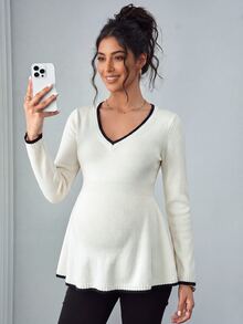 SHEIN كنزة صوفية طويلة الأكمام بتصميم فرنسي وألوان متناسقة للحوامل مناسبة للعطلات والسفر - لون مشمشي - مشاهدة 1