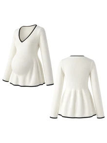 SHEIN كنزة صوفية طويلة الأكمام بتصميم فرنسي وألوان متناسقة للحوامل مناسبة للعطلات والسفر - لون مشمشي - مشاهدة 10