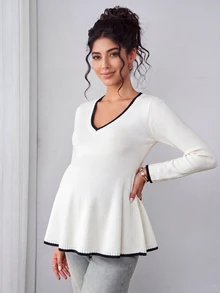 SHEIN كنزة صوفية طويلة الأكمام بتصميم فرنسي وألوان متناسقة للحوامل مناسبة للعطلات والسفر - لون مشمشي - مشاهدة 5