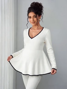 SHEIN كنزة صوفية طويلة الأكمام بتصميم فرنسي وألوان متناسقة للحوامل مناسبة للعطلات والسفر - لون مشمشي - مشاهدة 2