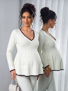 SHEIN كنزة صوفية طويلة الأكمام بتصميم فرنسي وألوان متناسقة للحوامل مناسبة للعطلات والسفر - لون مشمشي - مشاهدة 3