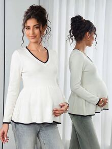 SHEIN كنزة صوفية طويلة الأكمام بتصميم فرنسي وألوان متناسقة للحوامل مناسبة للعطلات والسفر - لون مشمشي - مشاهدة 4