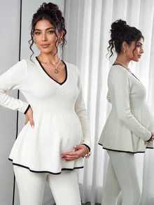 SHEIN كنزة صوفية طويلة الأكمام بتصميم فرنسي وألوان متناسقة للحوامل مناسبة للعطلات والسفر - لون مشمشي - مشاهدة 6