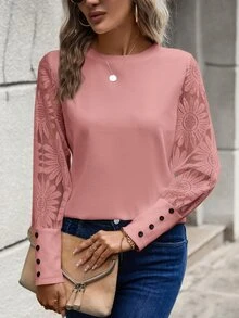 Easowa Atasan Wanita Tombol Kontras Lace Plain Casual - Berwarna merah muda - View 5