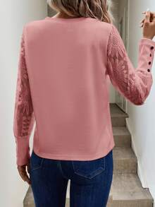 Easowa Atasan Wanita Tombol Kontras Lace Plain Casual - Berwarna merah muda - View 3