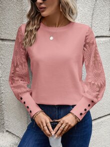 Easowa Atasan Wanita Tombol Kontras Lace Plain Casual - Berwarna merah muda - View 8