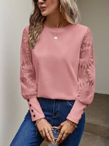 Easowa Atasan Wanita Tombol Kontras Lace Plain Casual - Berwarna merah muda - View 2