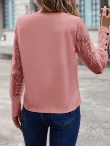 Easowa Atasan Wanita Tombol Kontras Lace Plain Casual - Berwarna merah muda - View 7