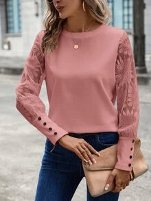 Easowa Atasan Wanita Tombol Kontras Lace Plain Casual - Berwarna merah muda - View 4