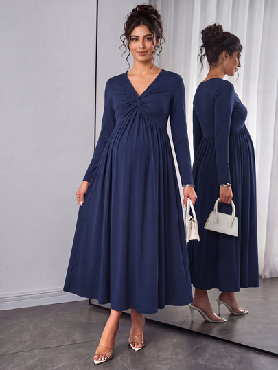 SHEIN Maternity Dress, Traceable Cotton V-Neck Twisted Knot Dress For Women, Navy Blue High Waist A-Line Flattering Slimming Commute Long Sleeve Minimalist
