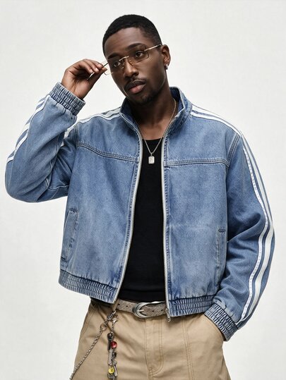 ROMWE MEN Men's Loose Fit Stand Collar Denim Jacket