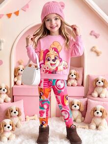 SHEIN | PAW Patrol Young Girl Cartoon Print Crew Neck Sweatshirt + Slim Fit Long Pants Set, Casual Wear For Spring And Autumn - Multicolor - View 9