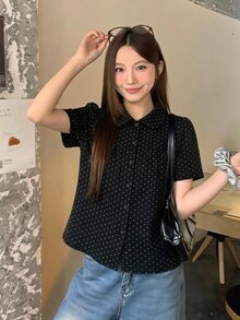 DAZY 女款翻領波點韓風滿版印花襯衫 夏季可愛上衣 - 黑色 - 查看 4