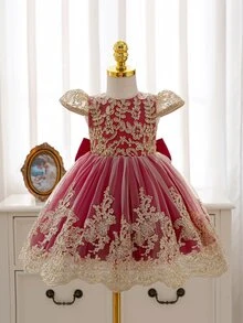 SHEIN Baby Girl Embroidered Tulle Heavy Work Party Dress Princess Gown - Burgundy - View 3