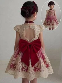 SHEIN Baby Girl Embroidered Tulle Heavy Work Party Dress Princess Gown - Burgundy - View 4