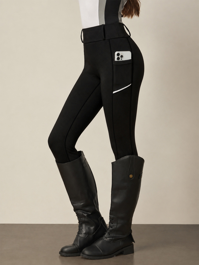 Rhythm Era Women's Autumn/Winter Sports Equestrian Leggings, Black Slim Fit Waistband With Belt Loops, Side Pockets, Reflective Strips, 9/10 Length, Fashionable & Versatile, Suitable For Daily Casual, Horse Riding, Running, Yoga, Gym, Tennis, Golf, Cycling