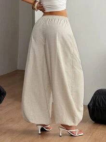 Coolane 女款秋冬保暖休閒街頭風外出穿搭復古格紋米色彈性腰寬腿鬆款燈籠長褲 - 卡其色 - 查看 6